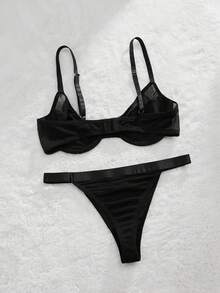 SHEIN Women's Black Mesh Splicing Lingerie Set - Black - View 2