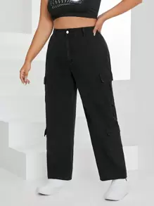 SHEIN EZwear Plus Size Solid Color Flip Pocket Jeans - Black - View 1