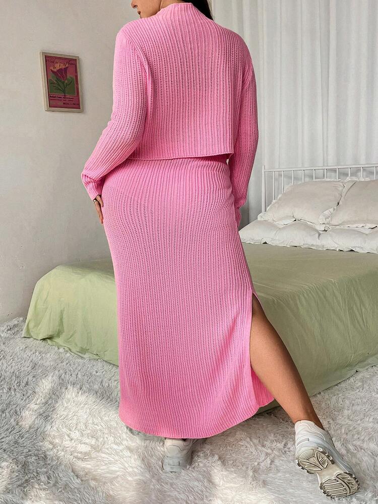 Women's Plus Size Loose Fit Pink Sweater And Split Hem Sweater Skirt Set Fall Cloth For Women
