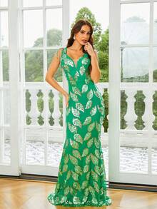 Missord Women's Leaf Sequins Pattern Evening Gown Dress - Green - View 4