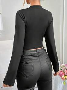 SHEIN Privé Của phụ nữ Viền Ruffle Pha lê Nghệ Embellished Áo - màu đen - Xem 2