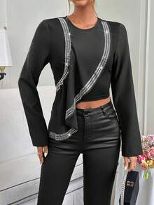 SHEIN Privé Của phụ nữ Viền Ruffle Pha lê Nghệ Embellished Áo - màu đen - Xem 4