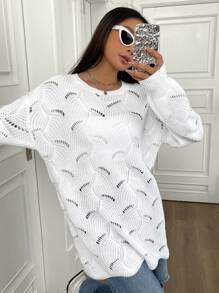 SHEIN Unity Fashionable All-Match Hollow Knit Drop Shoulder Sweater For Women Knit Pullover Fall Winter Sweater - White - View 7