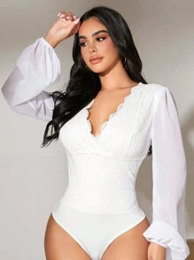 SHEIN SXY Ladies' Sheer Mesh Splice Lantern Sleeve Bodysuit - White - View 1