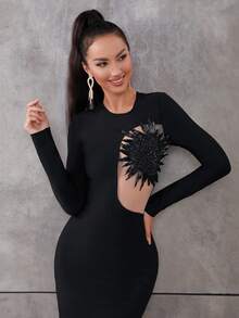 Modphy 女式黑色長袖圓領網紋拼接束縛中長款洋裝 - 黑色 - 查看 6