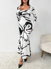 SHEIN Privé Của phụ nữ Đen Và Trắng Tay áo dài Hình vuông Đường viền cổ áo Đầm - Đen và trắng - Xem 6