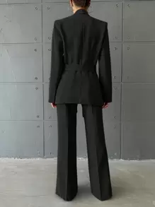 EURMUSE Women's Solid Color Suit With Belted Coat And Pants - Black - View 2