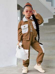 SHEIN Toddler Girls' Plush Patchwork Flap Pocket Jacket And Cargo Pants Two-piece Set - Brown - View 3