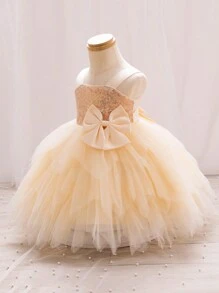 SHEIN Glamorique Kids Champagne gelaagde tule jurk voor babymeisjes met strik, perfect voor verjaardagsfeestjes, avondevenementen, bruiloften, doopfeesten en eerste verjaardagen