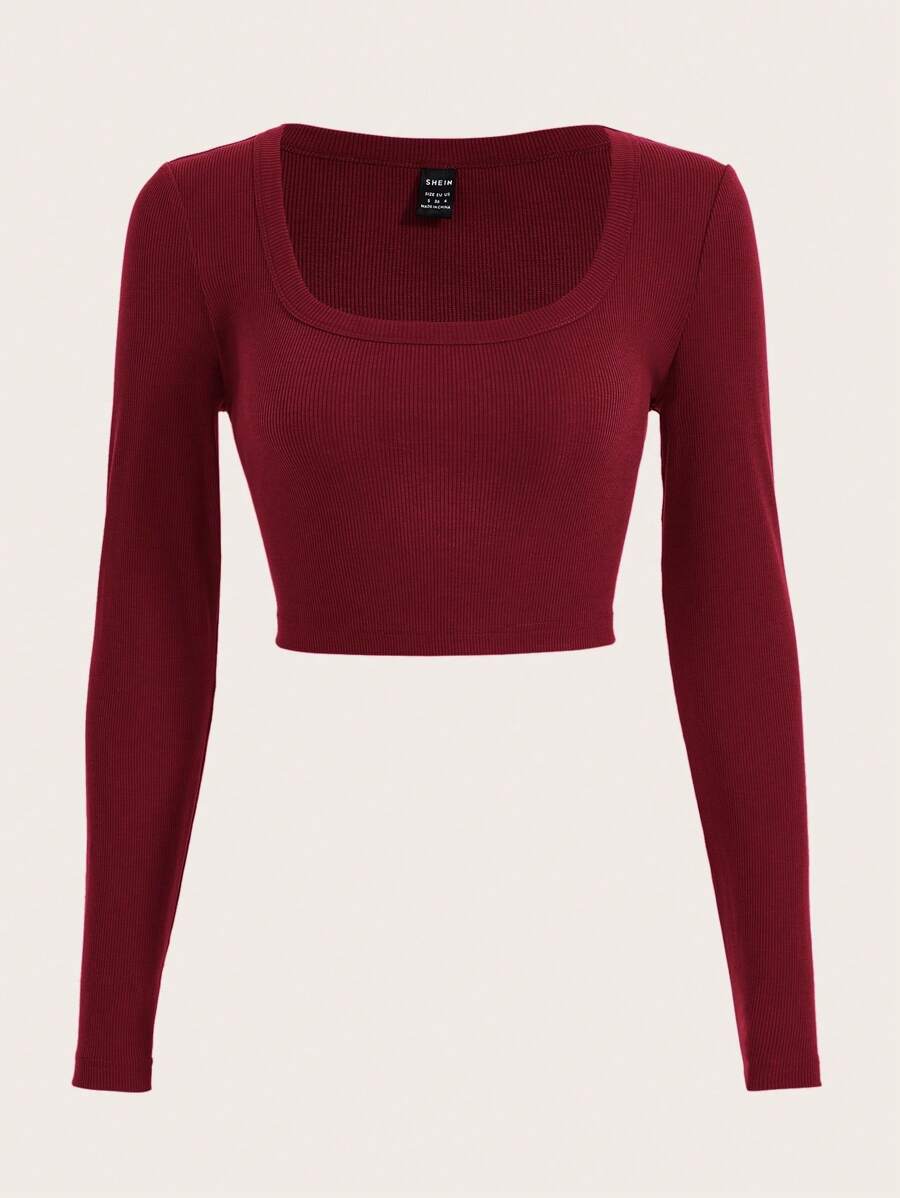 SHEIN EZwear Women's Autumn And Winter Cherry Red Thin Ribbeds Slim Fit Long Sleeves Crop Top With Large Round Neck - Burgundy - View 1