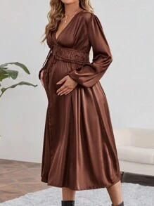 SHEIN V-Neck Waist Tie Long Sleeve Dress For Maternity