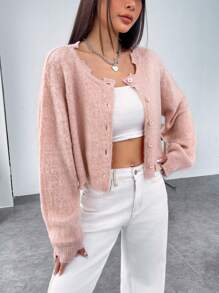 SHEIN EZwear Drop Shoulder Distressed Fluffy Cardigan - Dusty Pink - View 1