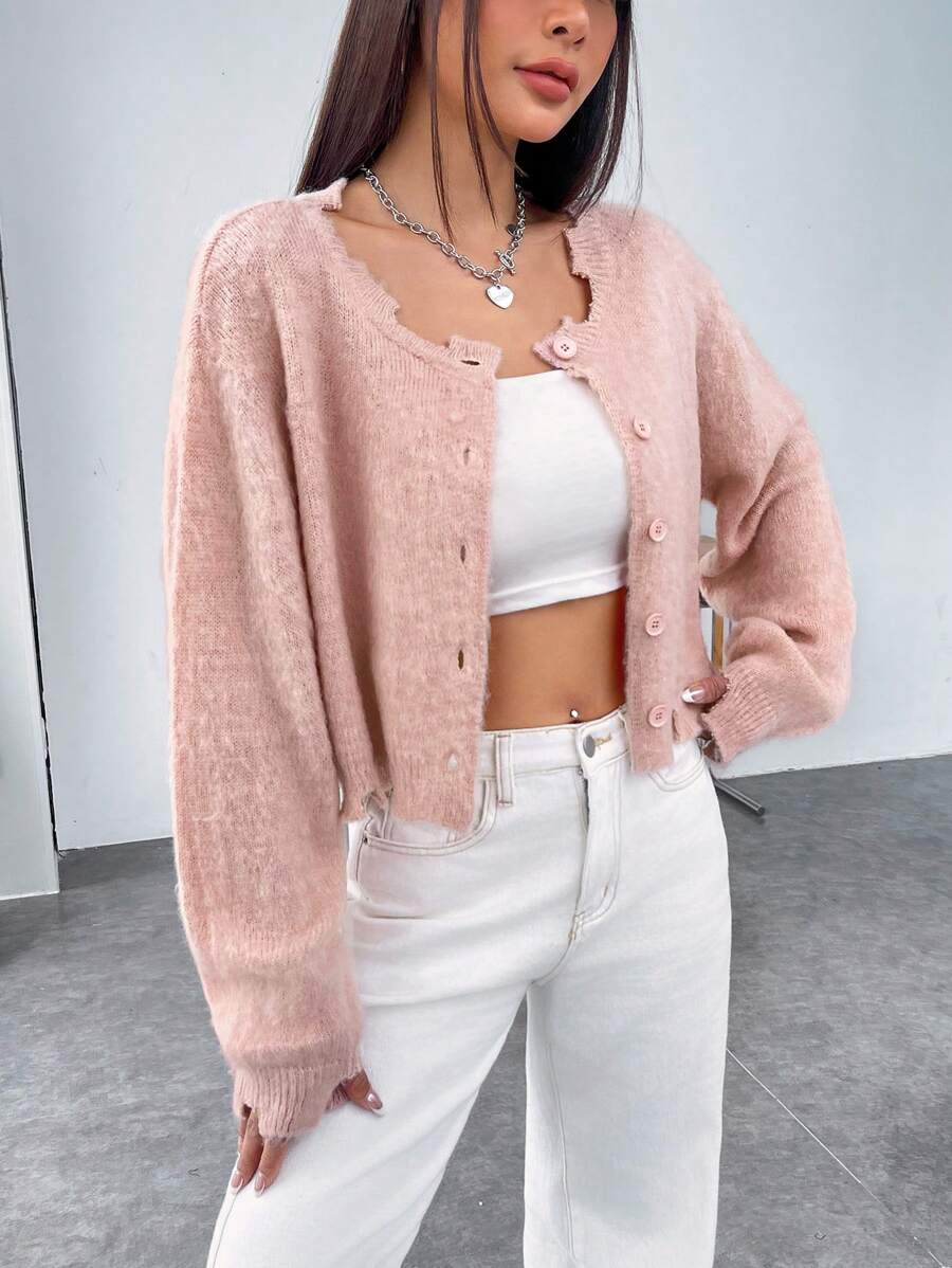 SHEIN EZwear Drop Shoulder Distressed Fluffy Cardigan - Dusty Pink - View 1