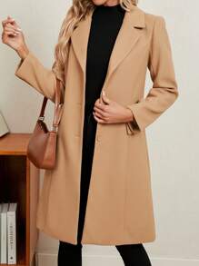 EMERY ROSE 女式翻領單排扣翻邊細節羊毛大衣 - 卡其色 - 查看 3