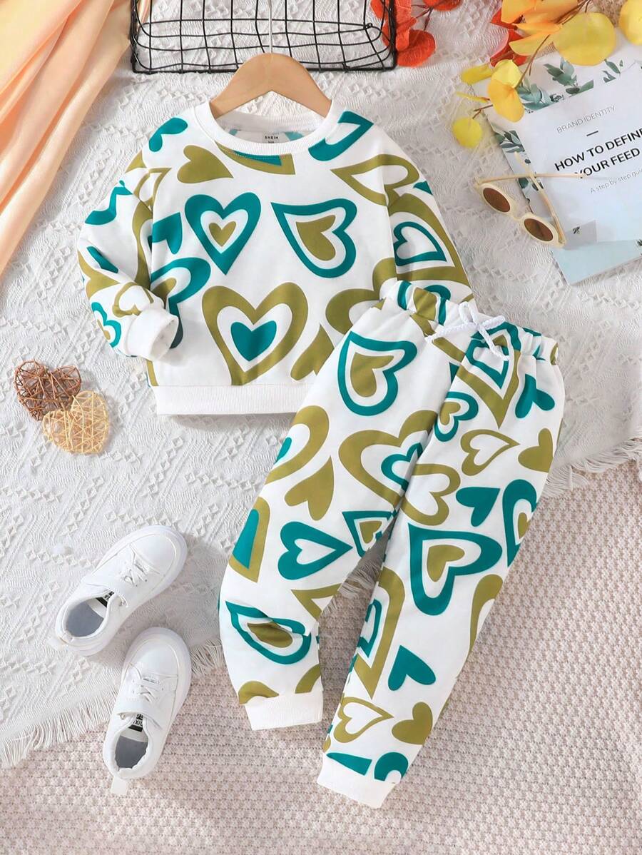 SHEIN Bé gái Đáng yêu Giải trí In Trái tim Hai chiếc Cho mùa xuân Và Mùa thu - Nhiều màu - Xem 1