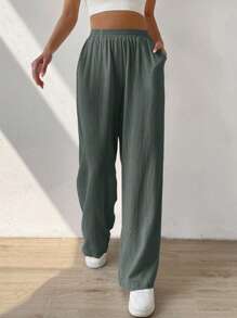 SHEIN EZwear Pantalones Regulares Con Cintura Elástica Y Bolsillos Oblicuos - Gris Oscuro - Ver 4