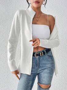 SHEIN Clasi 女款純色拉鍊設計雙口袋開襟衫 - 白色 - 查看 7