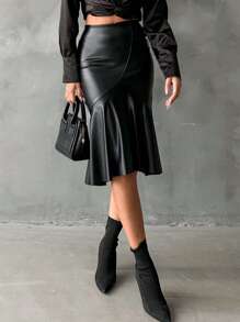 EURMUSE Women's Pu Leather Mermaid Hem Skirt - Black - View 3