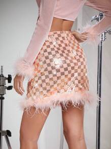 Hauture 格子閃片毛茸邊裝飾裙