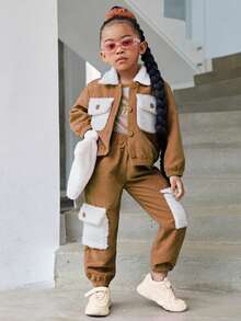 SHEIN Toddler Girls' Plush Patchwork Flap Pocket Jacket And Cargo Pants Two-piece Set - Brown - View 5