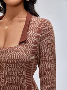 ELPIDA Designer Karomuster Spaltafront figurbetont elegantes Pullover-Kleid Outfit, geeignet für Feiertage, Partys, Geburtstage, Festivals, Hochzeiten, Abschlussbälle - Rot - Übersicht 6