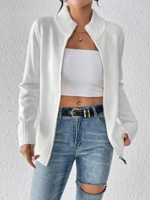 SHEIN Clasi 女款純色拉鍊設計雙口袋開襟衫 - 白色 - 查看 4