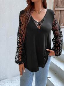 Women's Sheer Mesh V-neck Top - Black - View 4