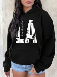 SHEIN EZwear Letter & Palm Tree Printed Hooded Fleece Sweatshirt - Black - View 1