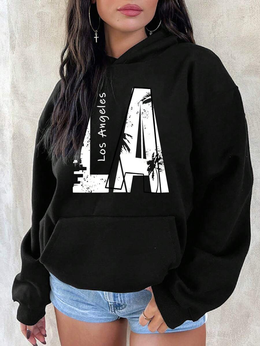 SHEIN EZwear Letter & Palm Tree Printed Hooded Fleece Sweatshirt - Black - View 1