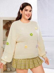 SHEIN MOD Jersey De Talla Grande Con Cuello Redondo Y Decoración De Flores