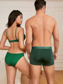 SHEIN Women's Elegant Lace Trim Bra & Brief Lingerie Set - Dark Green - View 2