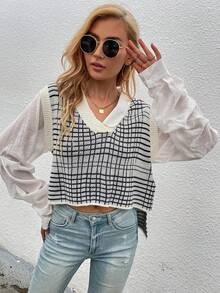 SHEIN Essnce Của phụ nữ Kẻ sọc Áo len dệt kim Với Xếp li Tay áo dài - Đen và trắng - Xem 6