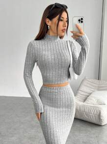 SHEIN EZwear 女用灰色針織緊身立領長袖上衣配裙子套裝 - 灰色 - 查看 4