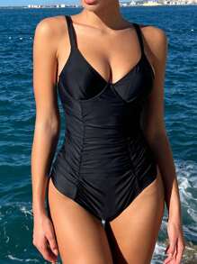 SHEIN Swim Maiô Preto Acolchoado Feminino com Detalhe de Pregas, Alças de Espaguete e Arame para Verão - Preto - Visão 3