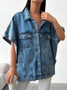 Cottnline Loose Fit Casual Half Sleeve Denim Jacket - Dark Wash - View 5