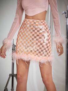 Hauture 格子閃片毛茸邊裝飾裙