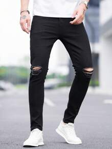 Manfinity Homme 男性磨損細身牛仔褲修身版型長洗水斑駁裝運貨運單一黑色破舊搖滾說唱