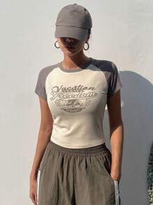 Dazy Star 女士拼接襪口插肩袖t恤,印有字母圖案 - 米色 - 查看 1