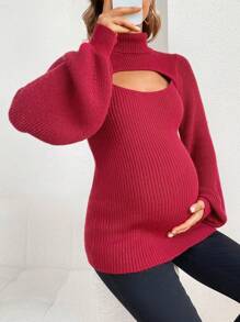 SHEIN Maternity Turtleneck Hollow Out Lantern Sleeve Sweater, For Winter - Burgundy - View 8