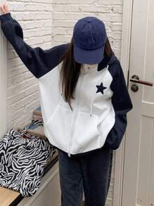DAZY Sudadera Con Capucha Y Estampado De Estrellas Para Mujer, Manga Raglán Y Cordón - Azul Marino - Ver 2