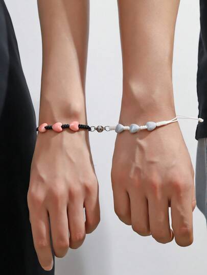 Kawaii سوارين حب بارزين مضفرين قابلين للتعديل أنيقين وأزواج القلوب الحديثة/طقم