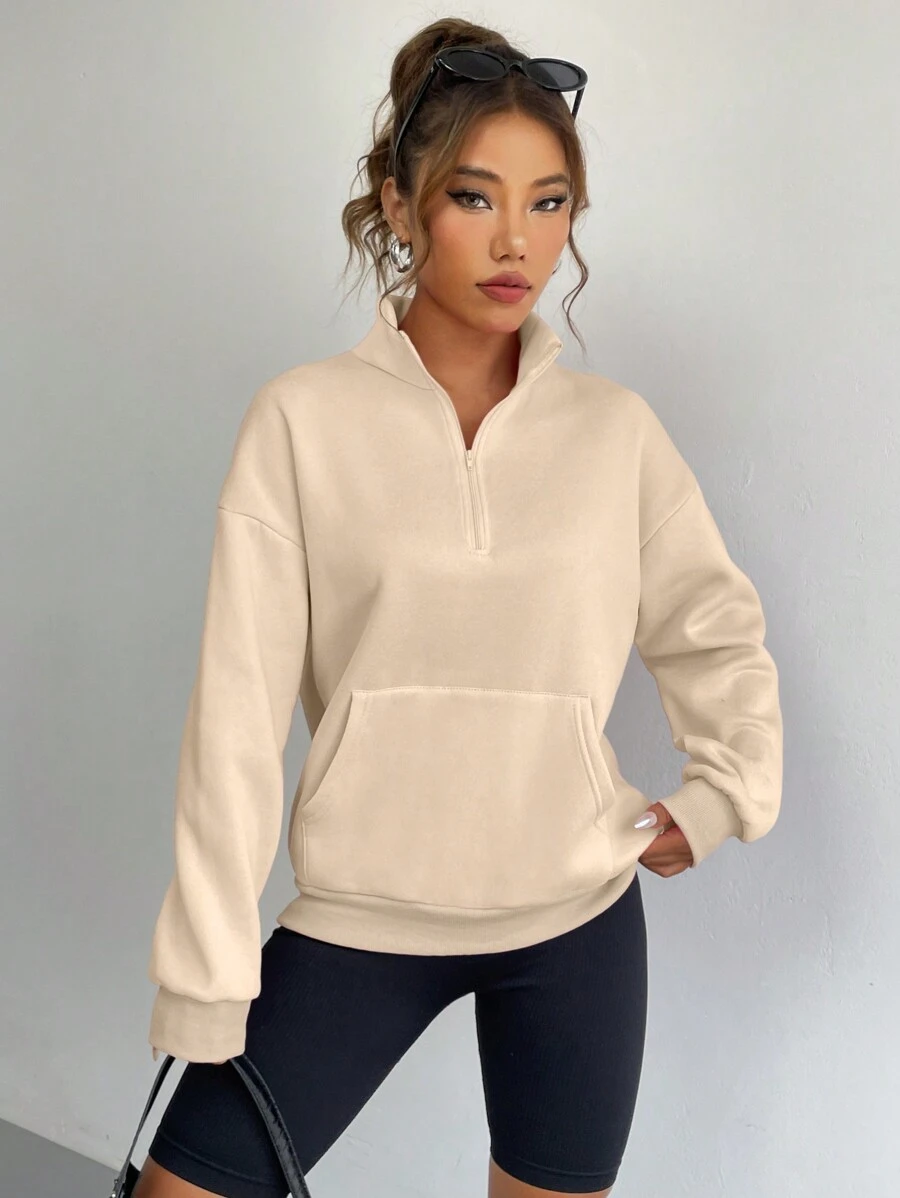 SHEIN EZwear Một nửa khóa kéo Túi kangaroo Thả vai Áo nỉ - Màu Khaki - Xem 1