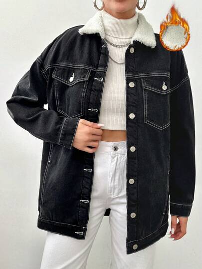 SHEIN Cottnline Women's Contrast Collar Winter Warm Denim Jacket