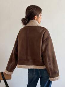 DAZY 泰迪羊毛边拼布拉链夹克，秋季女装