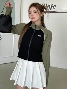 Dazy Star Áo khoác ngắn thời trang nữ có dây kéo và tay áo Raglan - màu đen - Xem 6