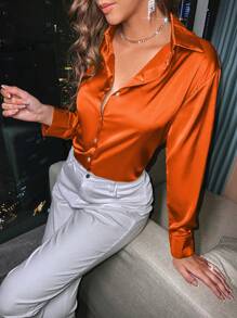 SHEIN Privé 純色鈕扣領長袖襯衫 - 橘色 - 查看 1