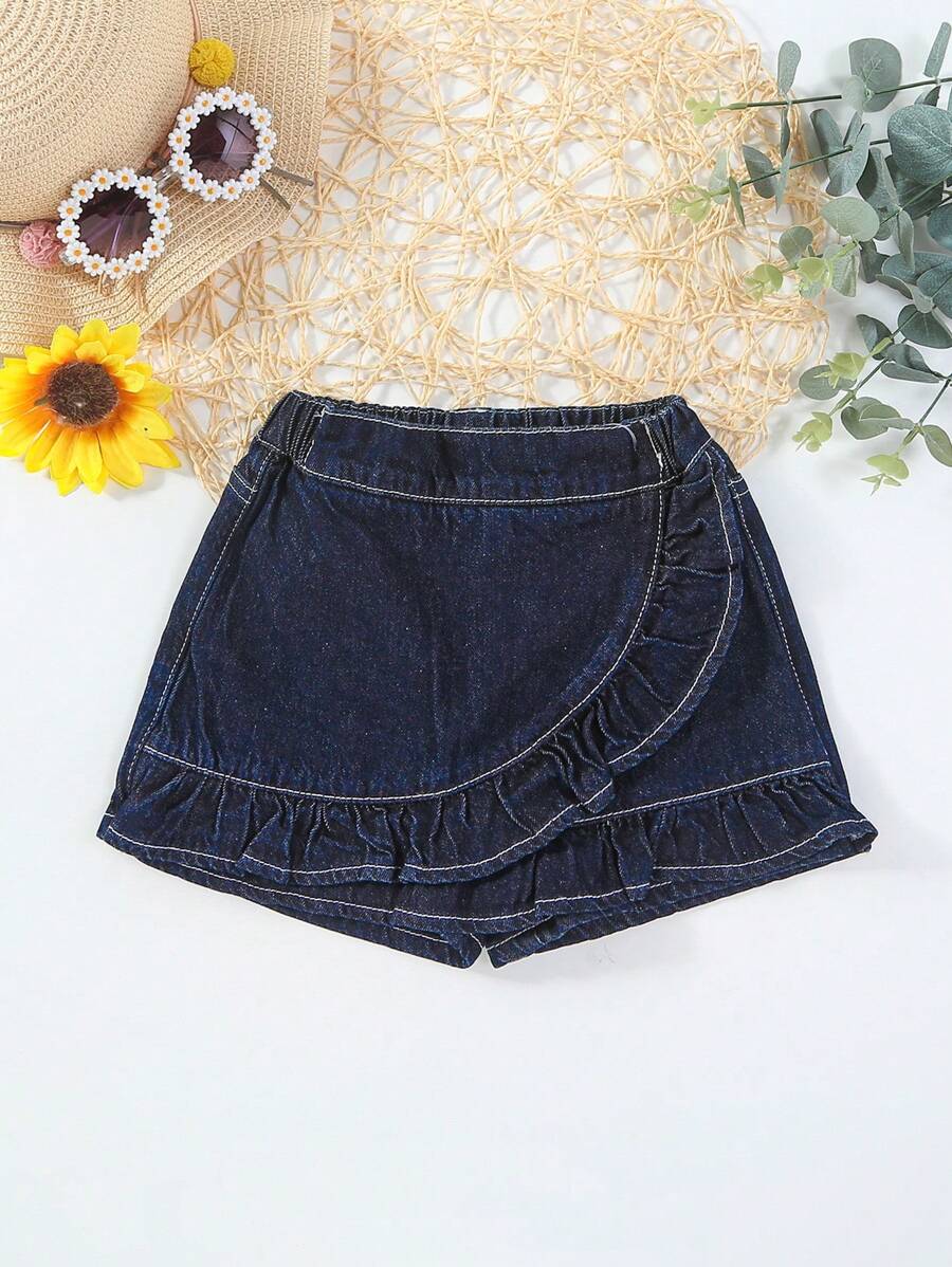 Little Girls' Denim Shorts With Ruffle Hem - Dark Wash - View 1