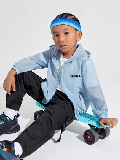 SHEIN Boys' Loose Fit Casual Knitted Hooded Jacket With Letter Print