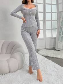 Conjunto De Pijama Para Mujer Con Encaje Y Costilla De Tejido - Gris - Ver 6