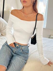 SHEIN Unity Suéter de punto corto con hombros descubiertos de unicolor para otoño e invierno - Blanco - Ver 4